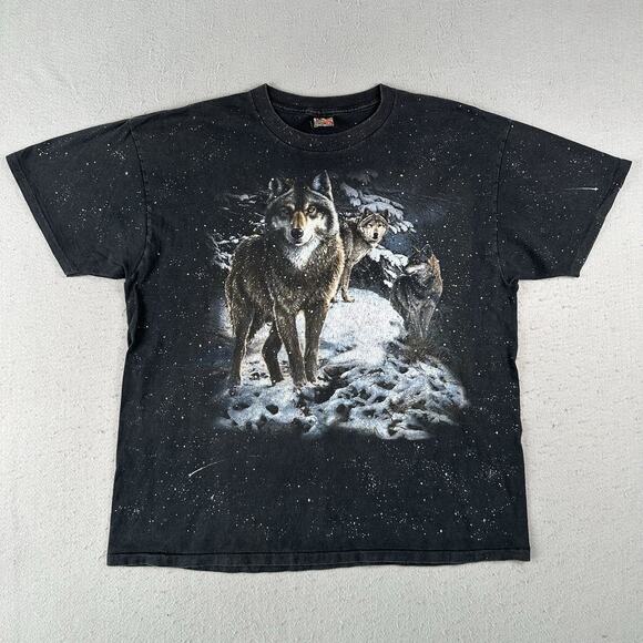 Vtg‎ 90s 3D Emblem Wolf T-Shirt Men’s XL Black AOP Short Sleeve Winter Galaxy - Picture 1 of 16